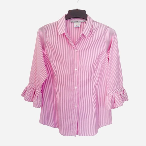 Gretchen Scott Priss Brooks Striped Pink White Blouse Ruffle Sleeves Medium - Picture 2 of 6